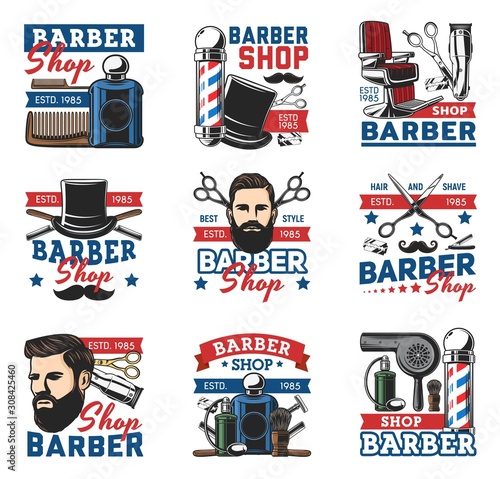 Barber shop salon, vector retro icons, hipster beards and gentlemen haircut. Premium quality barber shop pole signage, hair trimmer and dryer, scissors and comb, mustache shaving brush and razor blade