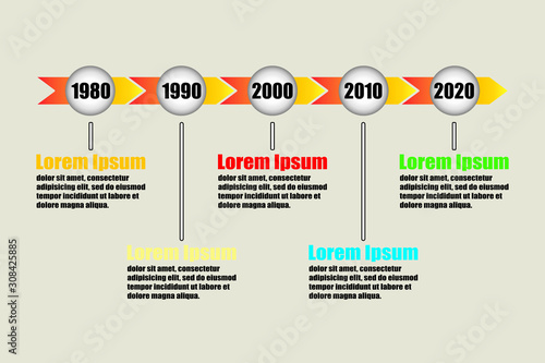 Business timeline horizontal chart infographic design. Vector banner for presentation and workflow layout diagram or web design. Abstract elements of graph with years 1980, 1990, 2000, 2010, 2020
