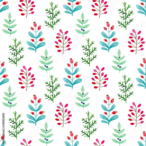 Floral seamless pattern with evergreen plants.