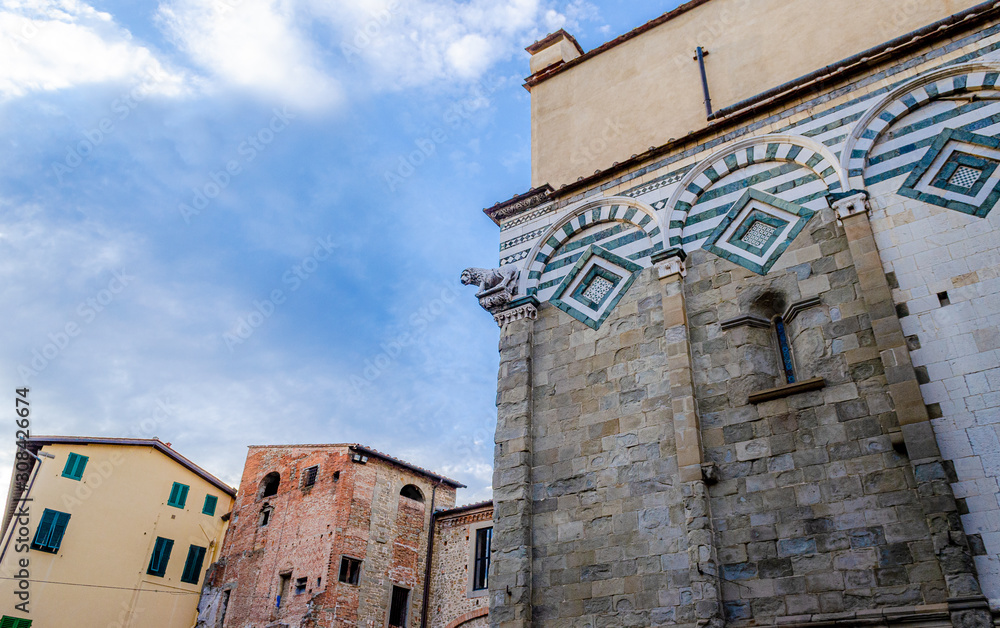 Detail view bottom up from the street of San Pier Maggior romanesque church in Pistoia Tuscany Italy Detail view bottom up from the street of San Pier Maggior romanesque church in Pistoia Tuscany Italy