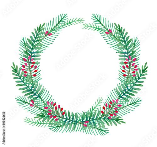 Watercolor wreath of fir branches