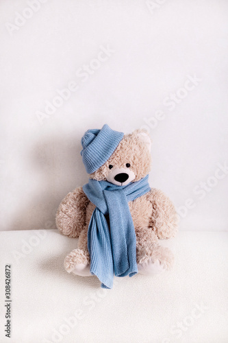 Children's toy teddy bear is sitting on a white sofa in a knitted scarf and hat in blue.