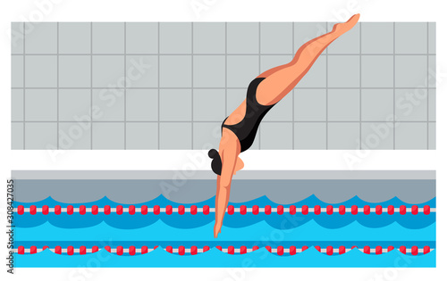 Young sportswoman in swimsuit jumping in pool