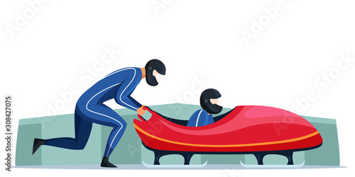 Two sportsmen on track and bobsled winter sport