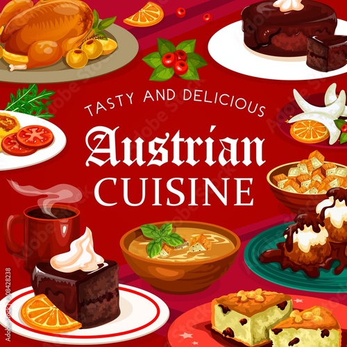 Austrian cuisine food desserts menu. Vector beer soup and hot coffee, galushka in shamploi, and vasilopita, potato salad. Cheese dumplings and vanilla horseshoe cookies, Christmas goose