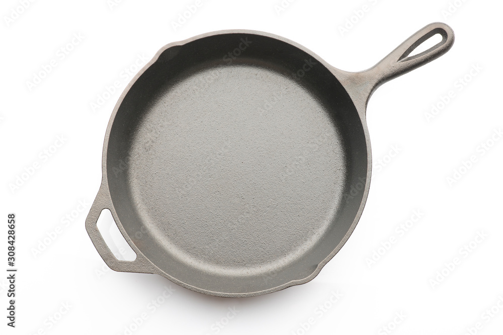 Top View of Seasoned Cast Iron Skillet on White Background Top View of Seasoned Cast Iron Skillet on White Background
