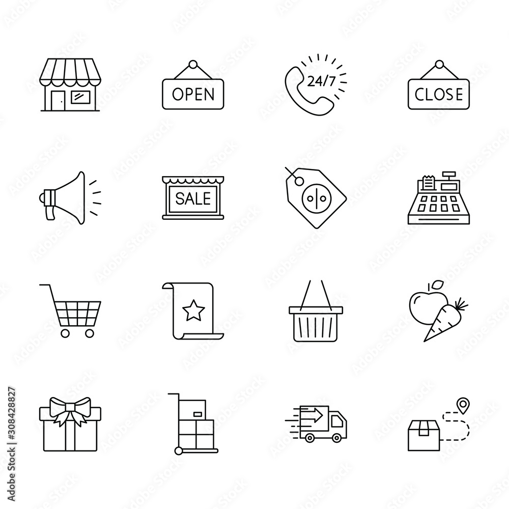 Fototapeta premium SHOPPING vs E-COMMERCE line thin icons set. Vector illustrations collection EPS10.