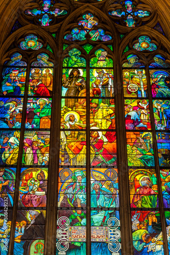 Prague, Prague / Czech Republic: Stained glass window by Alfons Mucha, located inside the Cathedral of St Vitus.