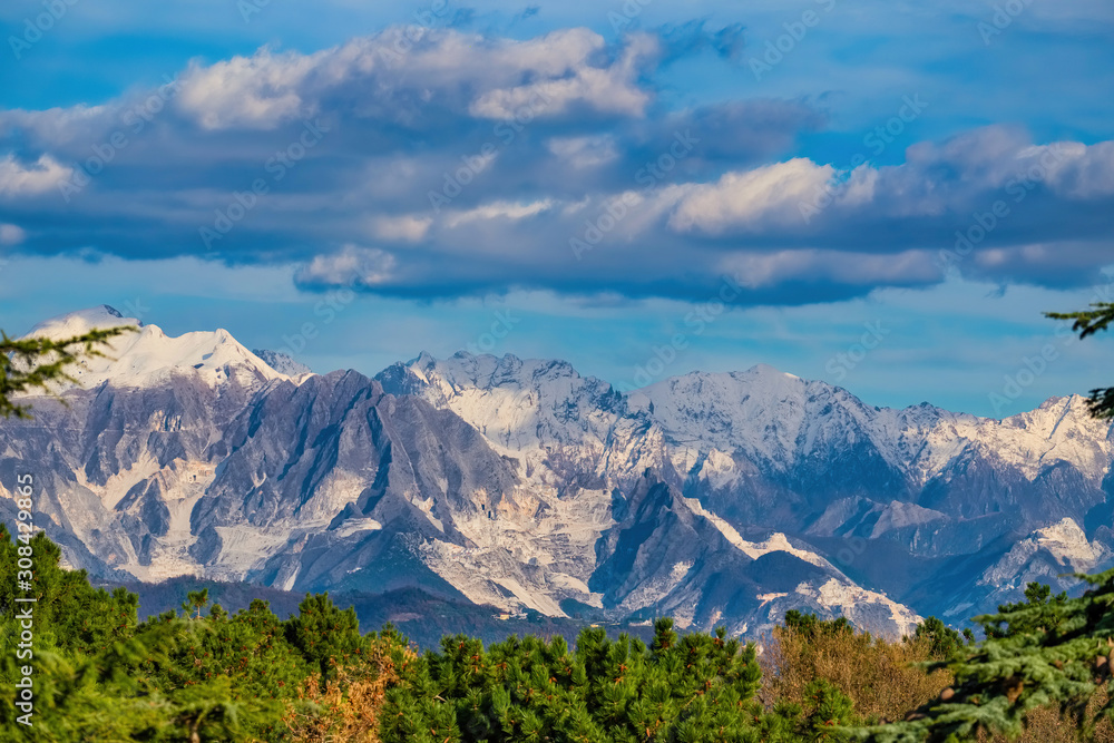 Panorama of the Apuan Alps and the marble quarries of Colonnata from Montemarcello Liguria Italy
