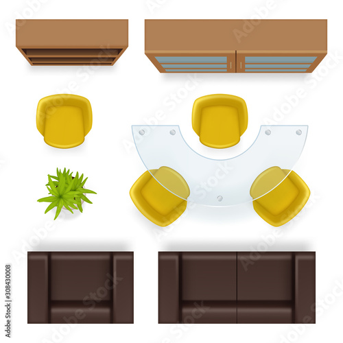 Office top view. Furniture realistic tables wardrobe chairs armchairs business office interior items vector. Illustration office empty, realistic armchair and furniture