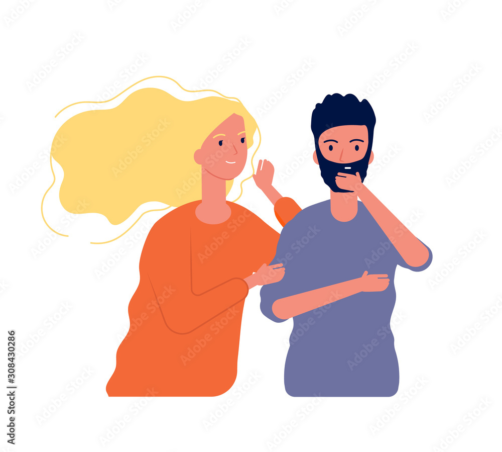 Obraz premium Gossiping male female. Woman speaking with man to ear some secrets whispering vector characters. Illustration female and male, people gossip communication