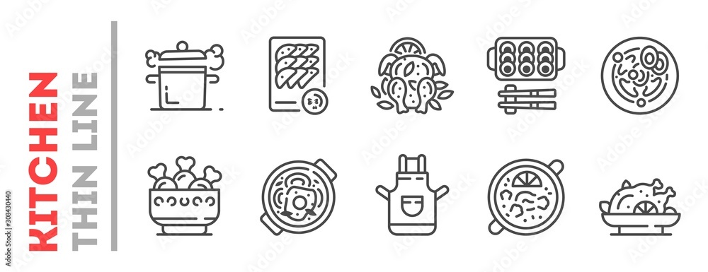 Set of kitchenware, cooking process thin line icons isolated on white ...