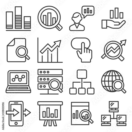 Data Analysis Icons Set on White Background. Line Style Vector