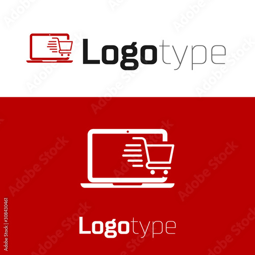 Red Shopping cart on screen laptop icon isolated on white background. Concept e-commerce, e-business, online business marketing. Logo design template element. Vector Illustration