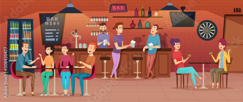 Friends cafe interior. People meeting in restaurant bar for dinner drinking eating and joking group of best friends vector cartoon. Illustration of interior cafeteria, meeting to conversation