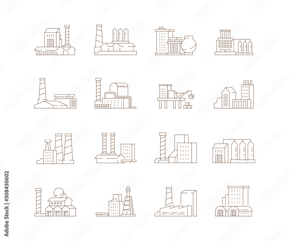 Factory symbols. Industrial city smoke pipe energy production buildings steam clouds vector icon set. Factory building with pipe, production power and energy illustration