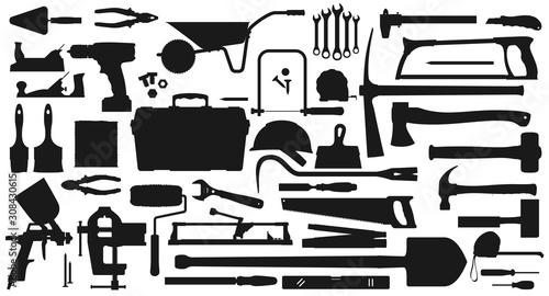 Repair, gardening, mining and farming tools isolated monochrome icons. Vector carpentry items, work tool kit. Spade and wheelbarrow, axe and drill, spatula and spanner, hammer and painting sprayer