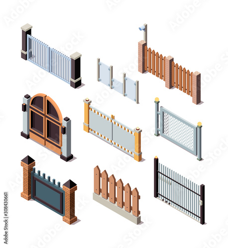 Construction fences. Garden door gate metals or wooden panels railing fences vector isometric. Illustration barrier and border for protection fence