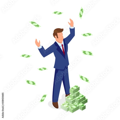 Confident faceless brown haired man in formal suit standing near piles of banknotes and enjoying wealth. Financial and sales growth, business development, getting profit, investment isometric concept.
