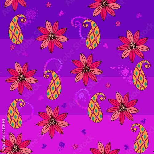 Seamless pattern with flowers and paisley. Summer background. Fashion print for fabric.