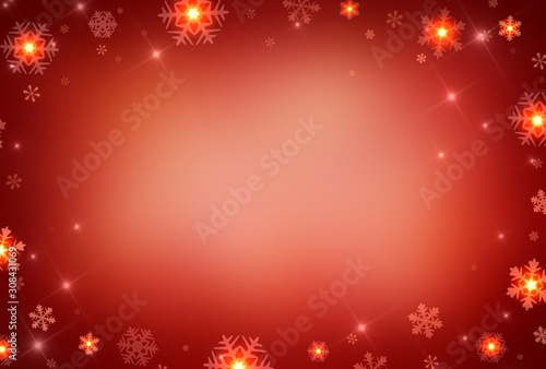 Bright lights snowflakes on red background. Festive sparkler frame pattern. Luxury Xmas template. 
