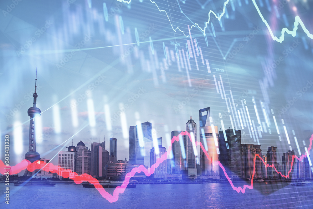Forex graph on city view with skyscrapers background double exposure. Financial analysis concept. Forex graph on city view with skyscrapers background double exposure. Financial analysis concept.