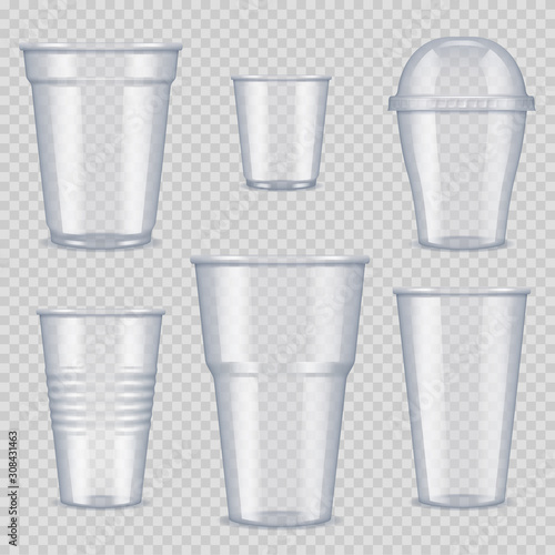 Plastic cups. Transparent empty vessel for beverage food and drinks template of plastic cups vector realistic pictures. Cup container plastic, transparent disposable for drink illustration