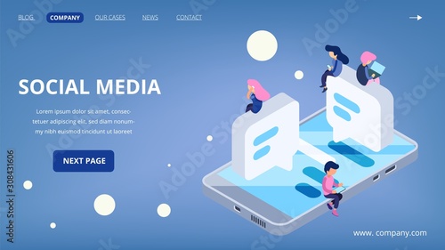 Social media landing page. Virtual communication vector concept. Isometric people with gadgets, laptop, smartphones. Social media technology, page social landing