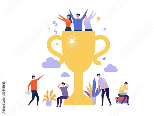 Successful business team. Winner cup and tiny people. Happy winning and angry losing teams vector illustration. Winner business team, businessman with award
