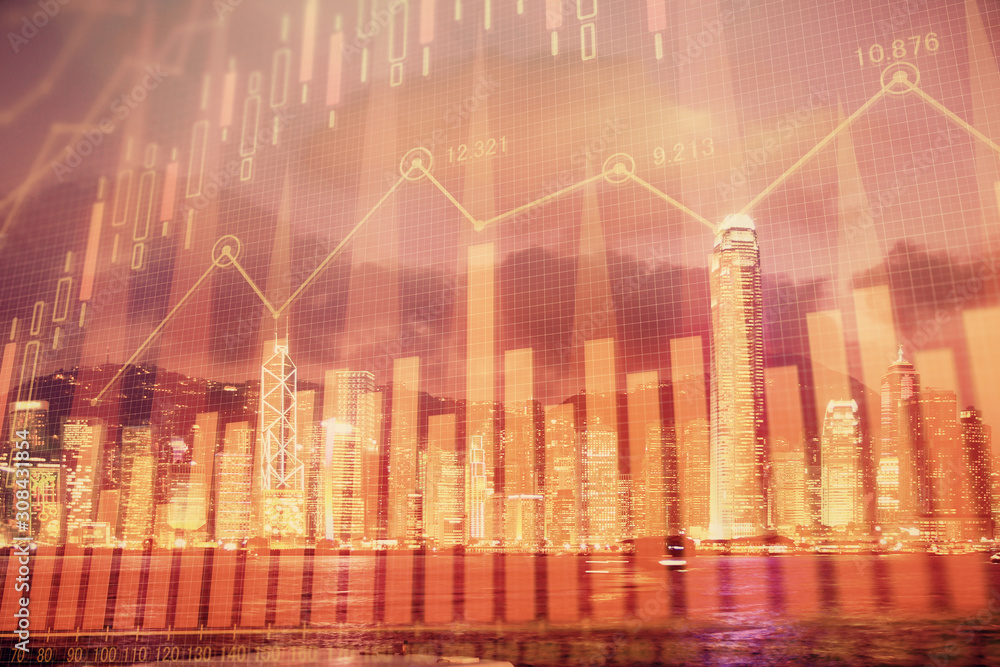 Multi exposure of forex chart drawings over cityscape background. Concept of success. Multi exposure of forex chart drawings over cityscape background. Concept of success.