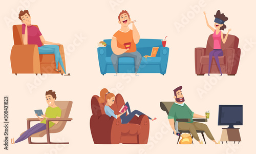 Sedentary lifestyle. Man and woman sitting relaxing eating food lazy working fat unhealthy characters watching tv vector cartoon. Woman and man sitting on sofa at home illustration photo