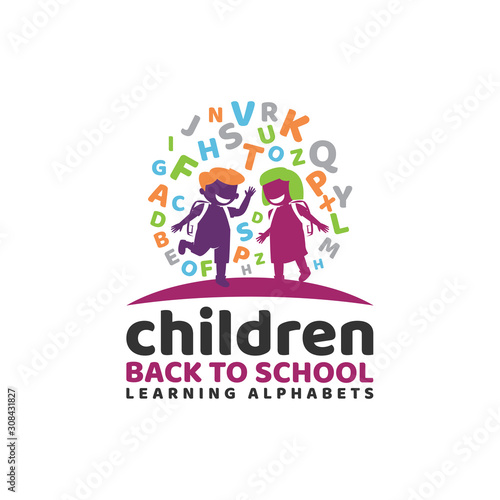 Children Back to School Learning Alphabets Logo Vector Icon Illustration