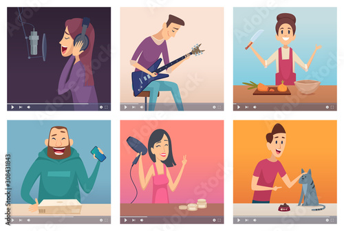 Video bloggers. Digital content makers multimedia creator web entertainment young people influencers vector internet characters. Illustration media and video multimedia, internet content online
