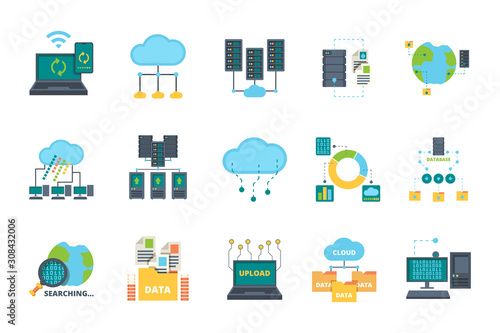 Database icons. Server cloud management network processes security computer bases online vector flat pictures set. Illustration network database, data security cloud