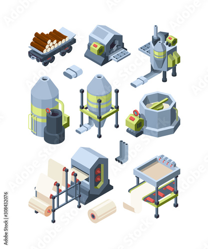 Paper production set. Industrial making paper from wood plants industrial mill pulp paper hone for print house vector isometric pictures. Equipment hardware press, manufacturing factory illustration