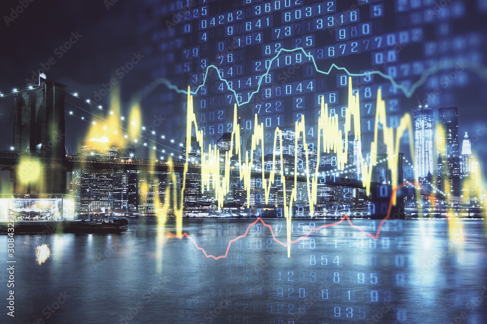 Financial chart on city scape with tall buildings background multi exposure. Analysis concept. Financial chart on city scape with tall buildings background multi exposure. Analysis concept.