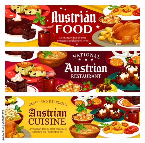 Austrian food, vector national restaurants of Austria menu. Main courses and desserts, potato salad and vasilopita, beer soup and cheese dumplings. Christmas goose, vanilla horseshoe cookies galushkas