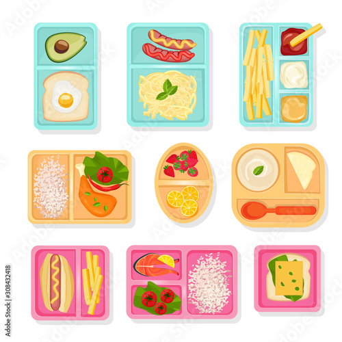 School food top view. Lunch boxes for children sort cases for products drinks snacks pizza fruits and vegetables vector pictures. Box lunch, snack and food in container illustration