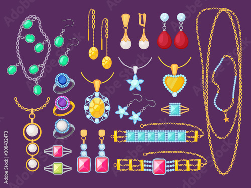 Jewelry items. Beauty woman accessories shop glamour diamonds golden bracelets gems precious pendants jewelry vector collection. Illustration jewelry expensive, luxury bracelet and gem