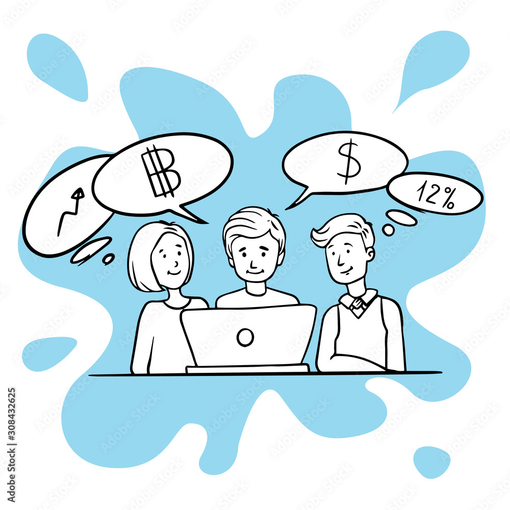 Doodle sketch business men women discuss computer teamwork. Simple, flat illustration Doodle sketch business men women discuss computer teamwork. Simple, flat illustration