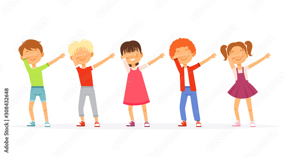 Dabbing. Kids dancing and posing school teenager groups young americans moving vector dabbing characters. Illustration dab character dancer, dancing dabbing performing