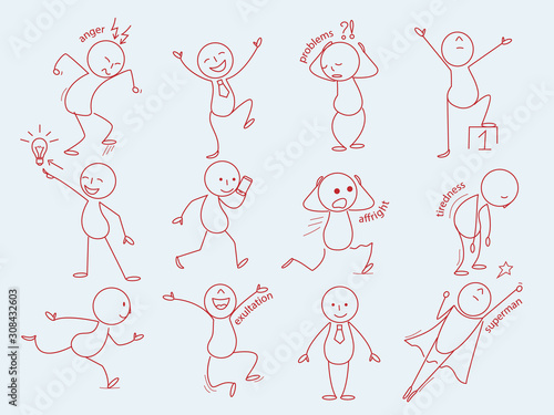 Stickman characters. Business person in doodle style cute expressions man funny poses office manager working vector line sketches. Stickman expression, tiredness, exultation and affright illustration