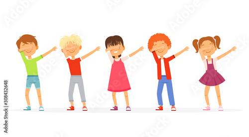 Dabbing. Kids dancing and posing school teenager groups young americans moving vector dabbing characters. Illustration dab character dancer, dancing dabbing performing