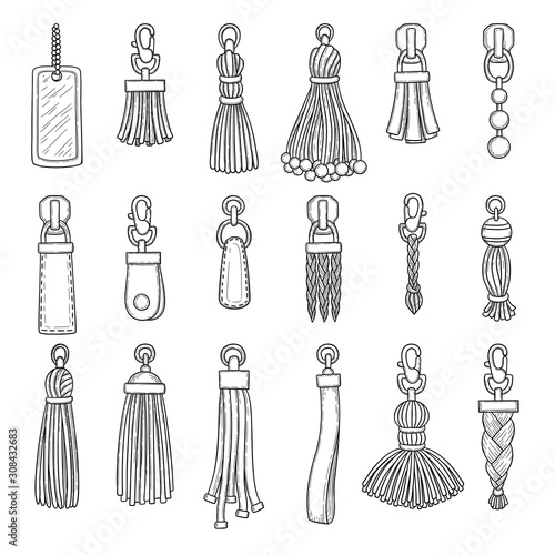 Leather accessories. Handbag fringes trinket vector fashioned items collection. Illustration pendant accessory, leather trinket, accessories for handbag