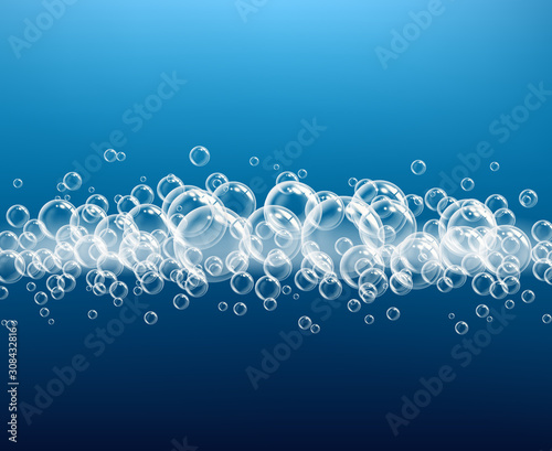 Foam realistic. Soapy transparent balls on dark background macro gel blow powder oxygen vector. Macro blow foam, water detergent bubble illustration