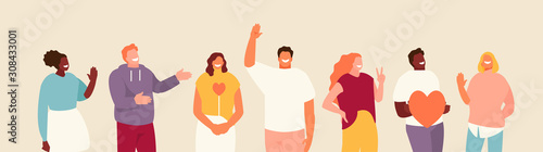 Vector group of hospitable and friendly people. Positive emotions illustration