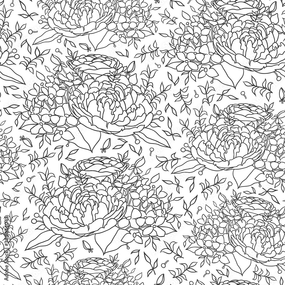 Fototapeta premium black white flower seamless pattern for fabric design
