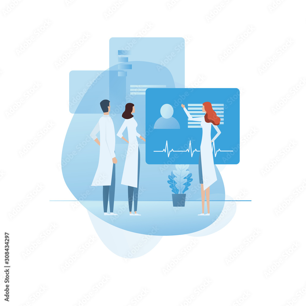 Doctors discussing patient together vector concept icon. Medical professionals, colleagues, teamwork. Health care symbol Doctors discussing patient together vector concept icon. Medical professionals, colleagues, teamwork. Health care symbol