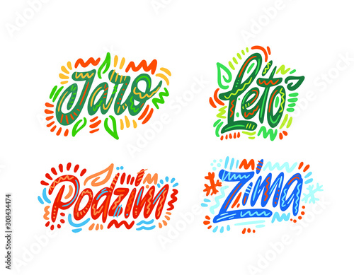 Jaro, leto, podzim, zima. Seasons name in Czech. Hand Lettering word. Handwritten modern brush typography sign. Greetings for icon, logo, badge, cards, poster, banner, tag. Colorful Vector illustratio