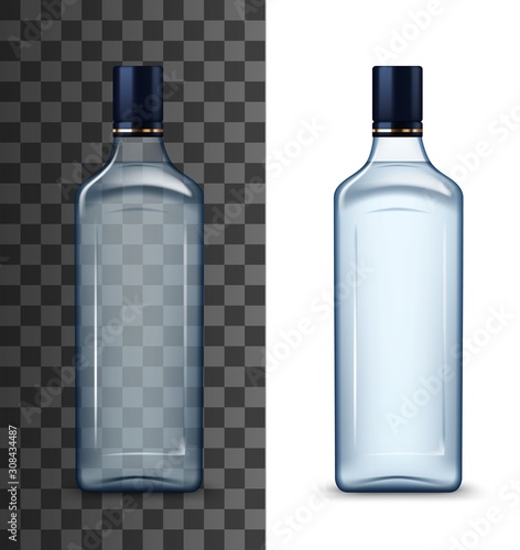 Glass vodka bottle mockup with black cap isolated on white and transparent. Vector high spirit alcohol drink, realistic bottle of Russian vodka. Packaging template of strong beverage, gin or whisky